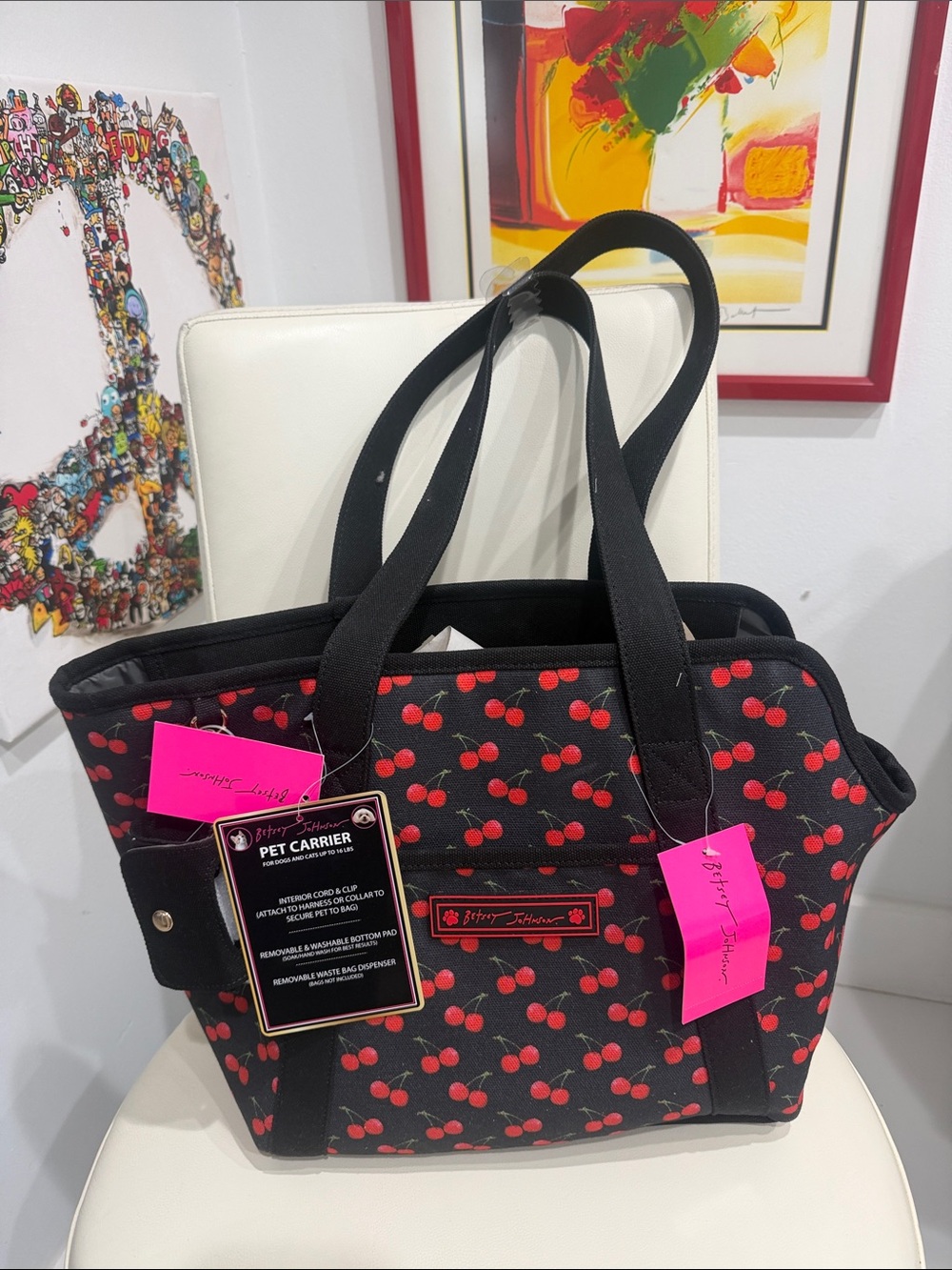 Betsey Johnson Black Cherry Print Pet Carrier Tote